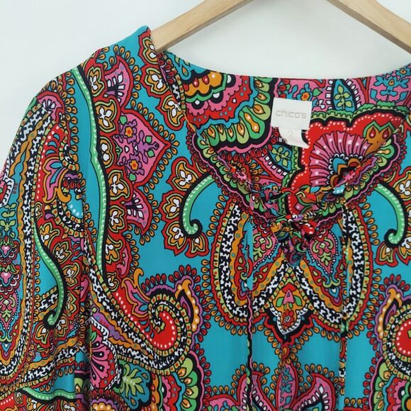 Chico's Paisley Tunic Top Size 2 Large Colorful Flare Sleeves - Picture 3 of 8